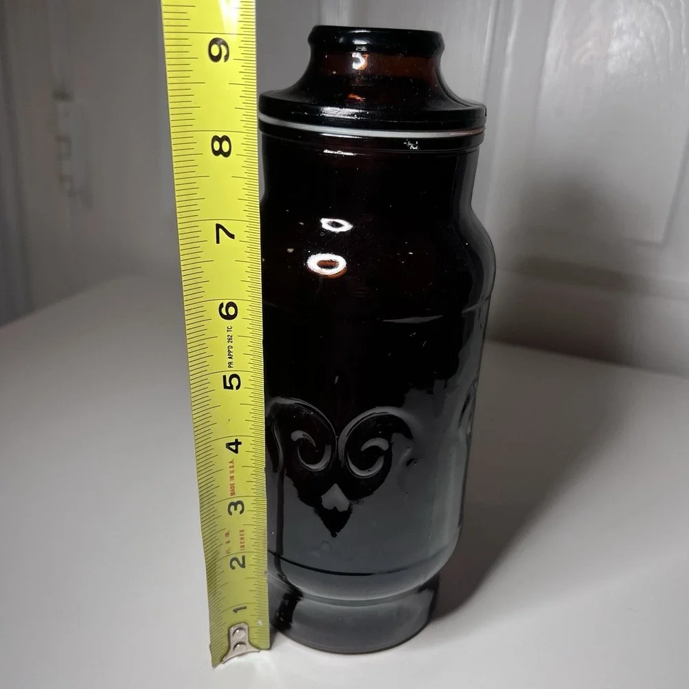 Vtg 1970's Borden Cremora Amber Glass Canister Apothecary‎ Jar Fleur Di Lis 9